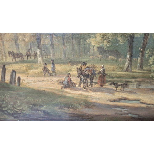 34 - Finely painted, unsigned, early 19thC Norwich school oil on board painting depicting travellers at r... 