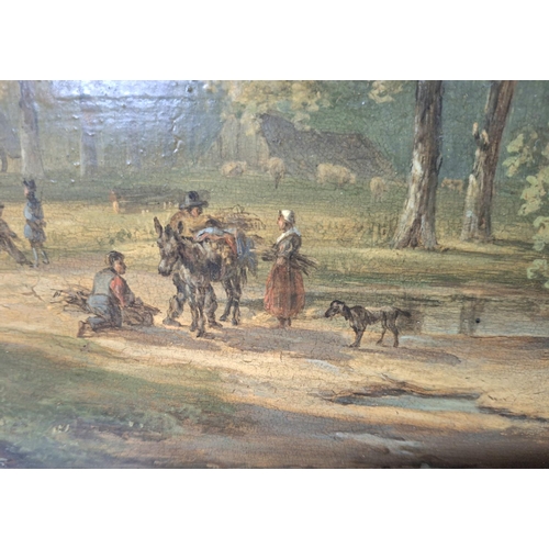 34 - Finely painted, unsigned, early 19thC Norwich school oil on board painting depicting travellers at r... 