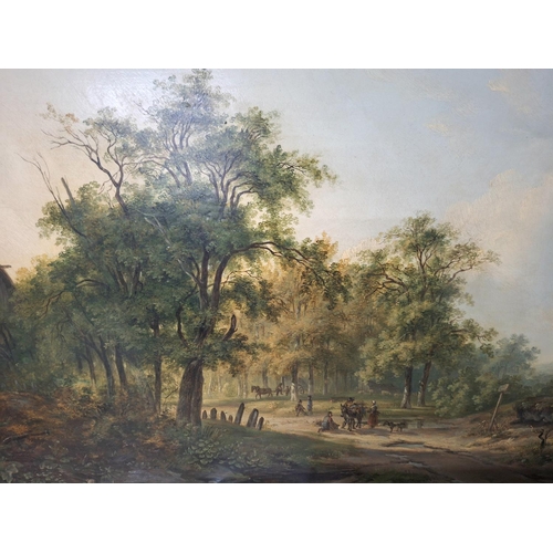 34 - Finely painted, unsigned, early 19thC Norwich school oil on board painting depicting travellers at r... 