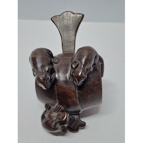 51 - Stunning quality, antique hardwood netsuke of 3 Mice on a barrel