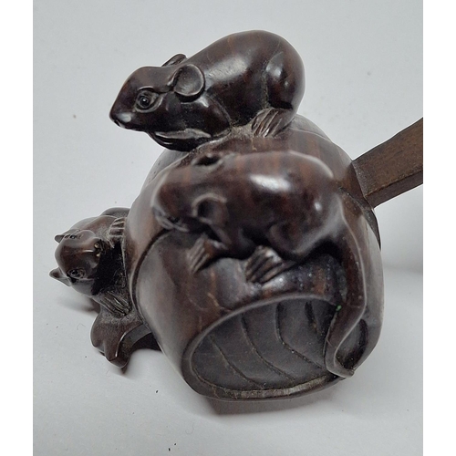 51 - Stunning quality, antique hardwood netsuke of 3 Mice on a barrel