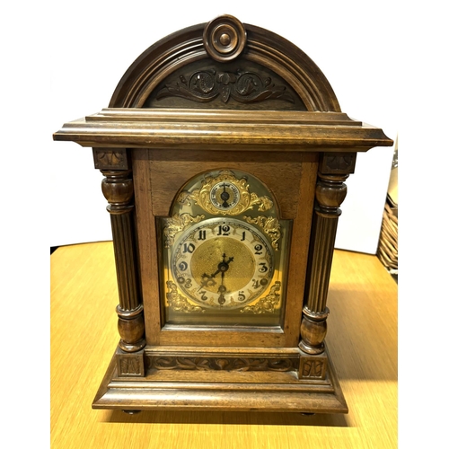 116 - Fine quality, large, late Victorian, hardwood cased mantle clock with domed top with an enamel and o... 