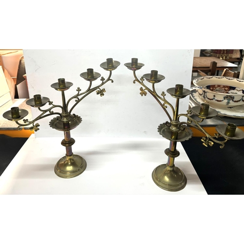 194 - Pair of large 5-arm brass church candle holders