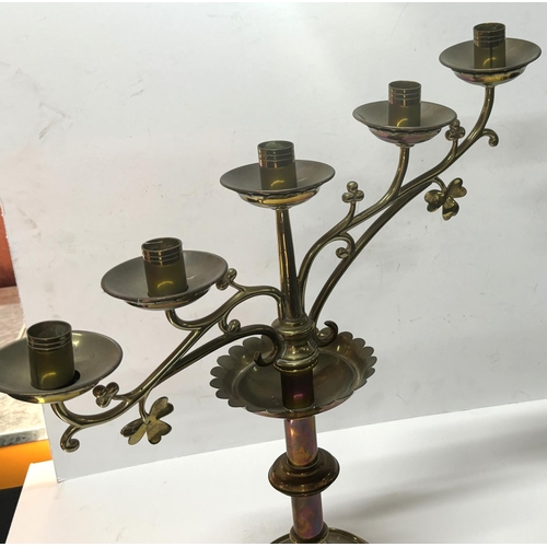 194 - Pair of large 5-arm brass church candle holders