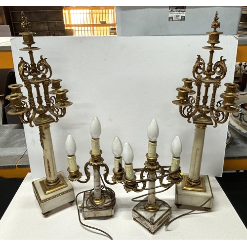 195 - Pair of mid 20thC, tall ornate brass candle holders in the French classical style, other with a matc... 