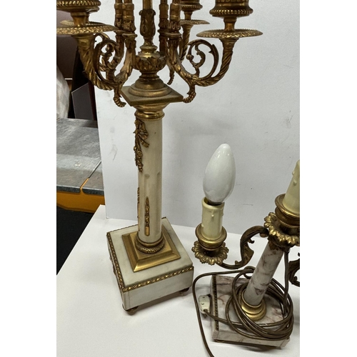 195 - Pair of mid 20thC, tall ornate brass candle holders in the French classical style, other with a matc... 