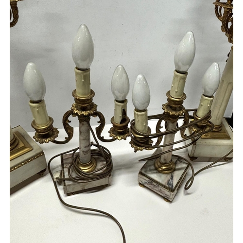 195 - Pair of mid 20thC, tall ornate brass candle holders in the French classical style, other with a matc... 