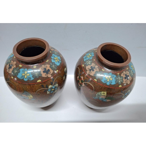 205 - A pair of Japanese Meiji period rust ground cloisonné vases with scrolling branch & butterfly decora... 