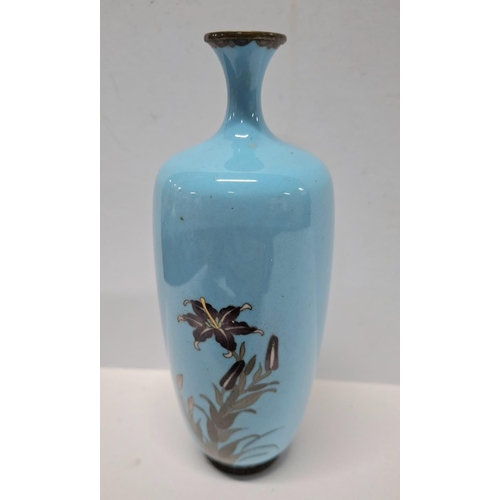 206 - A Japanese Meiji period cloisonné vase with white metal wire decoration of flowers,

14cm tall