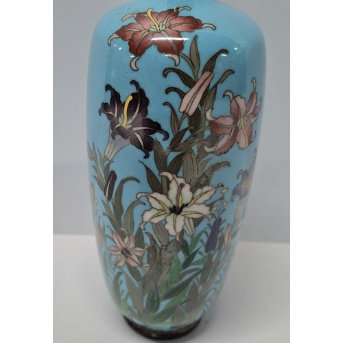 206 - A Japanese Meiji period cloisonné vase with white metal wire decoration of flowers,

14cm tall