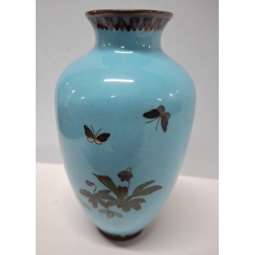 207 - A Japanese Meiji period cloisonné vase blue ground with a bird on a flowering branch,

14.5cm tall