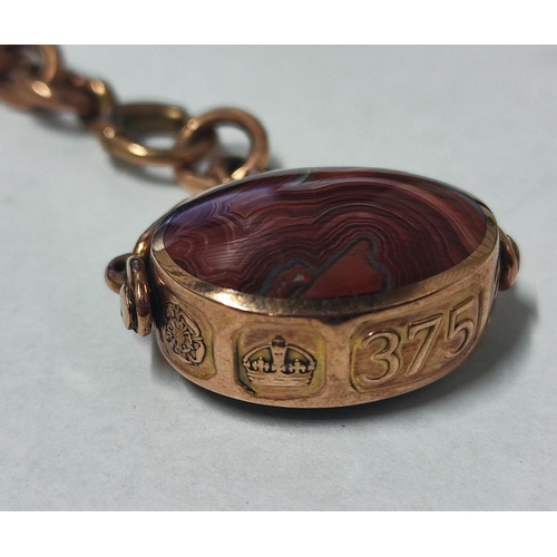 159 - A hallmarked chunky 9ct. Rose Gold fob with Carnelion, short Albert chain and T-bar, 16.7 grams gros... 