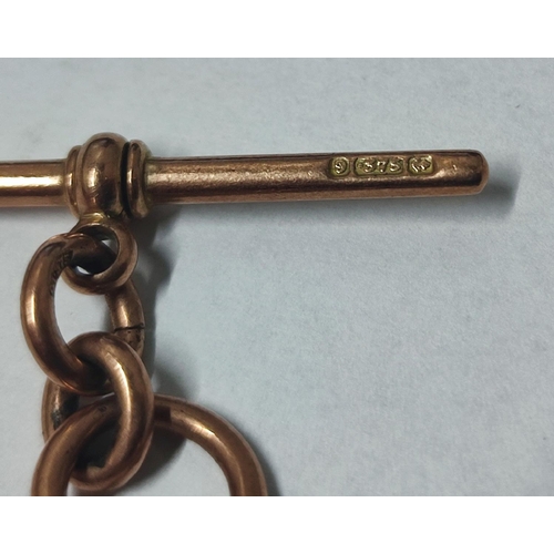 159 - A hallmarked chunky 9ct. Rose Gold fob with Carnelion, short Albert chain and T-bar, 16.7 grams gros... 