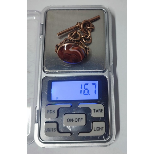 159 - A hallmarked chunky 9ct. Rose Gold fob with Carnelion, short Albert chain and T-bar, 16.7 grams gros... 