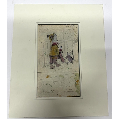 149 - Small watercolour and graphite drawing of a young boy & a dog after Lowry, bears signature, unframed