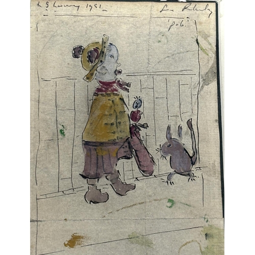 149 - Small watercolour and graphite drawing of a young boy & a dog after Lowry, bears signature, unframed