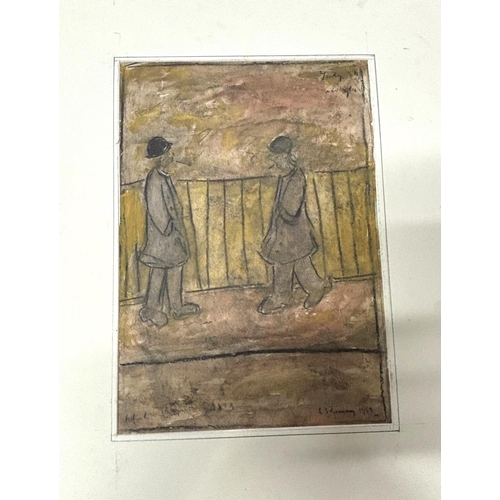 150 - Small mixed media drawing of two men in a street after Lowry, bears signature, unframed