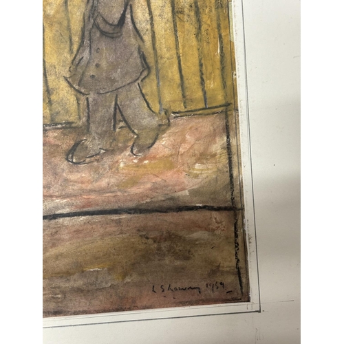 150 - Small mixed media drawing of two men in a street after Lowry, bears signature, unframed