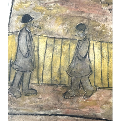 150 - Small mixed media drawing of two men in a street after Lowry, bears signature, unframed