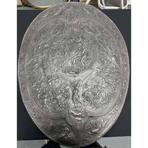 154 - Large solid lead oval shield, stamped to the Delens foundry, Belgium after the original by Morel-Lad... 