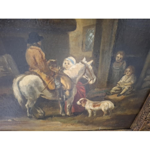 220 - George MORLAND (1762/63-1804) oil on re-lined canvas, Traveller on horseback outside inn in modern o... 