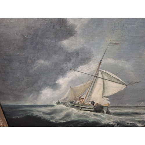 170 - Unsigned antique oil on canvas, laid onto panel, large seascape depicting a sailing boat in stormy s... 