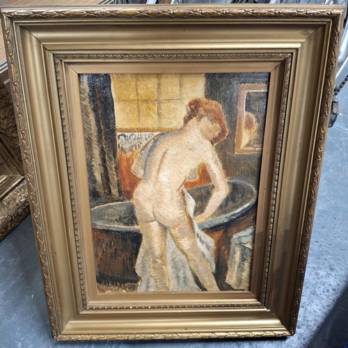 121 - Unsigned early 20thC Camden School oil on board painting of a nude female in an interior, gilt frame... 