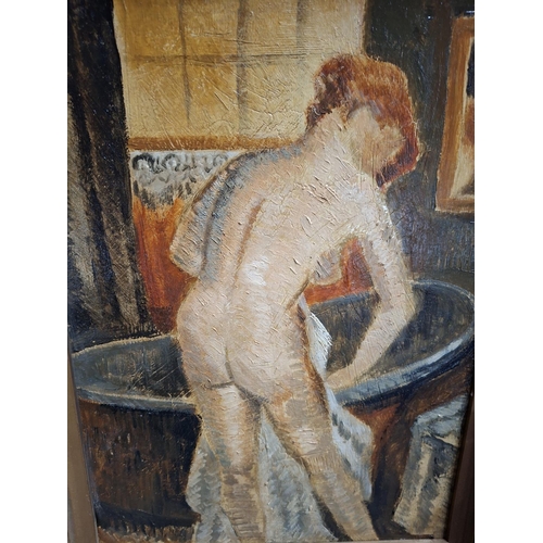 121 - Unsigned early 20thC Camden School oil on board painting of a nude female in an interior, gilt frame... 