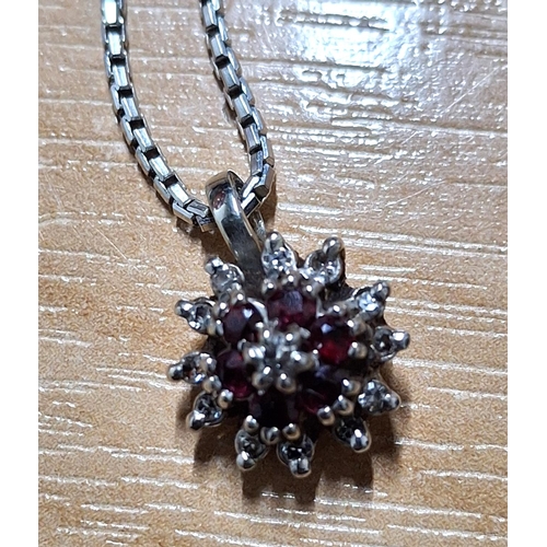 123 - Diamond and ruby cluster pendant on a 9ct white gold chain

5.3g gross  18cm chain