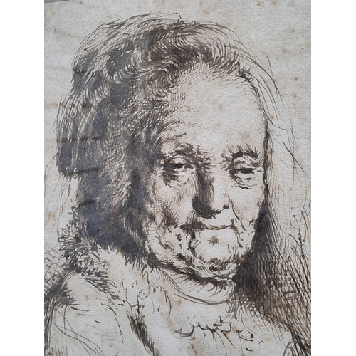 125 - Attributed to REMBRANDT VAN RIJN (1606-1669) pen and ink portrait of the artists mother, signed and ... 