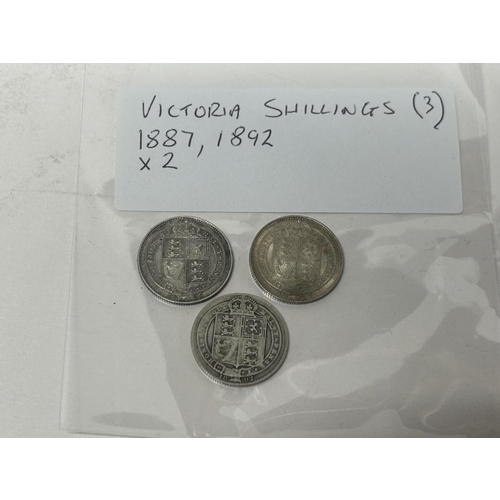 128 - 4 coins including 3 Victoria shillings 1887 and 2 from 1892 with 1900 Victoria crown 3rd Portrait