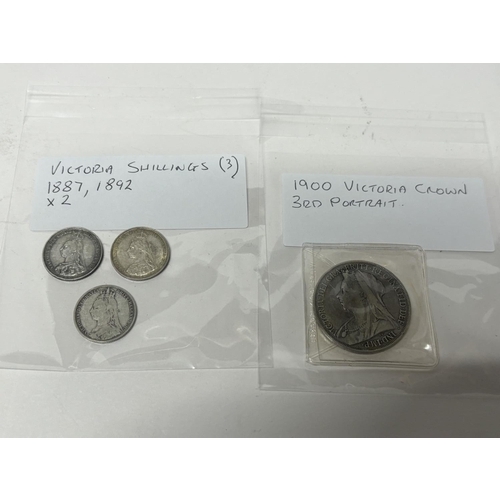 128 - 4 coins including 3 Victoria shillings 1887 and 2 from 1892 with 1900 Victoria crown 3rd Portrait