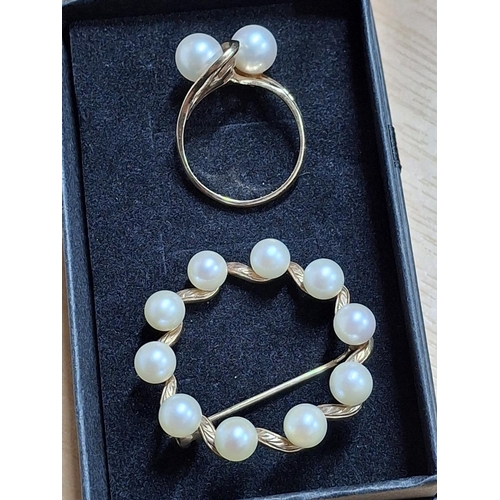 221 - 9ct Gold and pearl brooch with associated 9ct gold and pearl ring (2),

9.5 grams gross