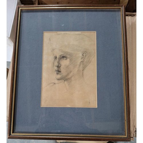 210 - Pencil sketch of a young mans head, signed in initials EBJ, with label verso for Edward Burne-Jones,... 