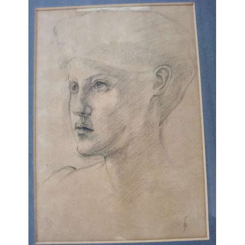 210 - Pencil sketch of a young mans head, signed in initials EBJ, with label verso for Edward Burne-Jones,... 