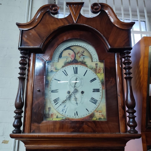 229 - Tall antique long-case grandfather clock with hand-painted face, pendulum and key