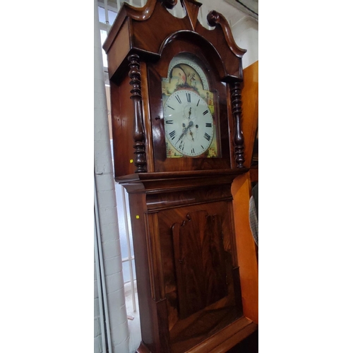 229 - Tall antique long-case grandfather clock with hand-painted face, pendulum and key