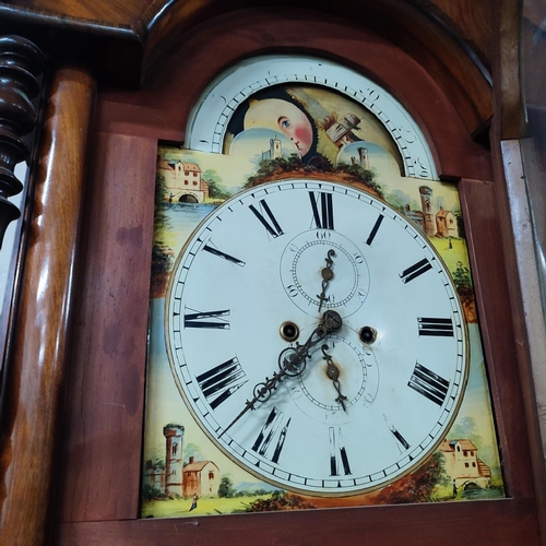 229 - Tall antique long-case grandfather clock with hand-painted face, pendulum and key