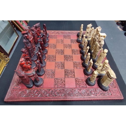 232 - Chess set depicting characters from an oriental dynasty period, repair to one rook