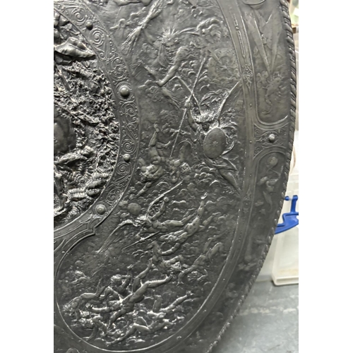 154 - Large solid lead oval shield, stamped to the Delens foundry, Belgium after the original by Morel-Lad... 