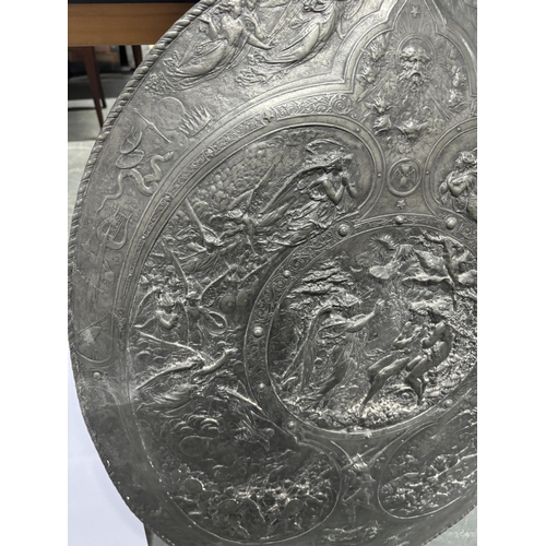 154 - Large solid lead oval shield, stamped to the Delens foundry, Belgium after the original by Morel-Lad... 