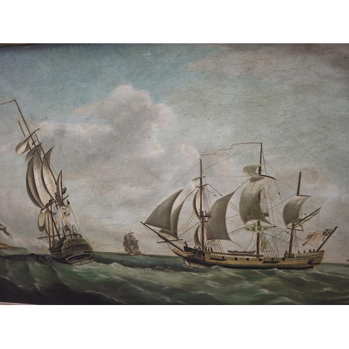 212 - Large 20thC oil on canvas depicting 18thC warships in fine quality, ornate, modern frame,

The oil m... 