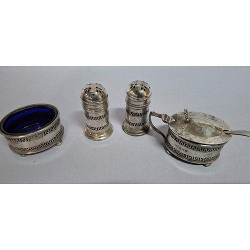 17 - Four piece Birmingham silver cruet set with all original blue glass liners, circa 1920 by the Gorham... 