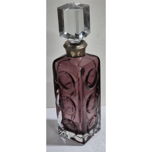 24 - Unusual 1960s/70s retro cranberry glass decanter with silver coller