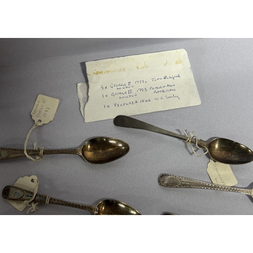 33 - Nine hallmarked antique silver spoons including Georgian examples (9) 

110 grams