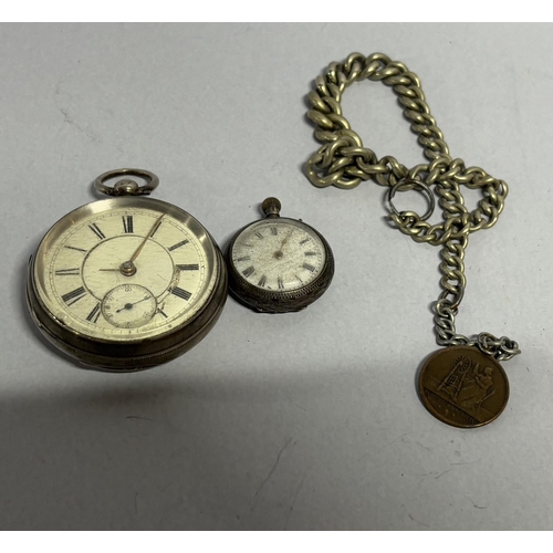 37 - Two antique silver pocket watches one is very heavy with unmarked, possibly silver Albert chain. The... 