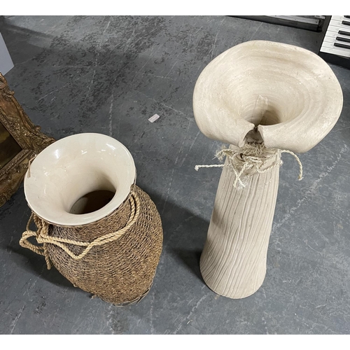 100 - Two modern, tall, stoneware & hemp floor vases, largest is nearly 100cm tall (2)