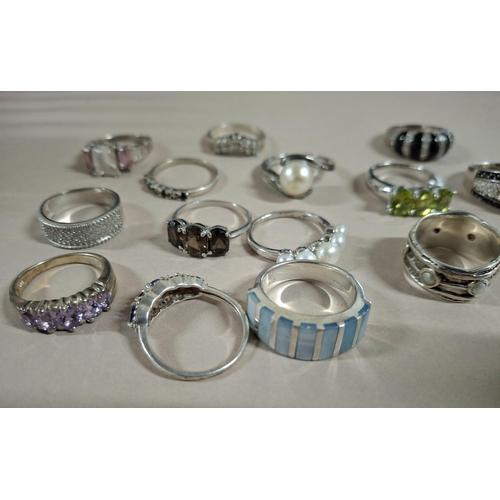 45 - Collection of 15 silver rings, the vast majority stamped 925 or silver etc (15),

65 grams