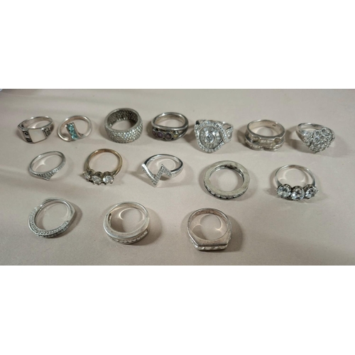 50 - Collection of 15 silver rings, the vast majority stamped 925 or silver etc (15),

60 grams