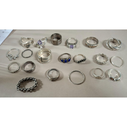 51 - Collection of 20 silver rings, the vast majority stamped 925 or silver etc including an interesting ... 